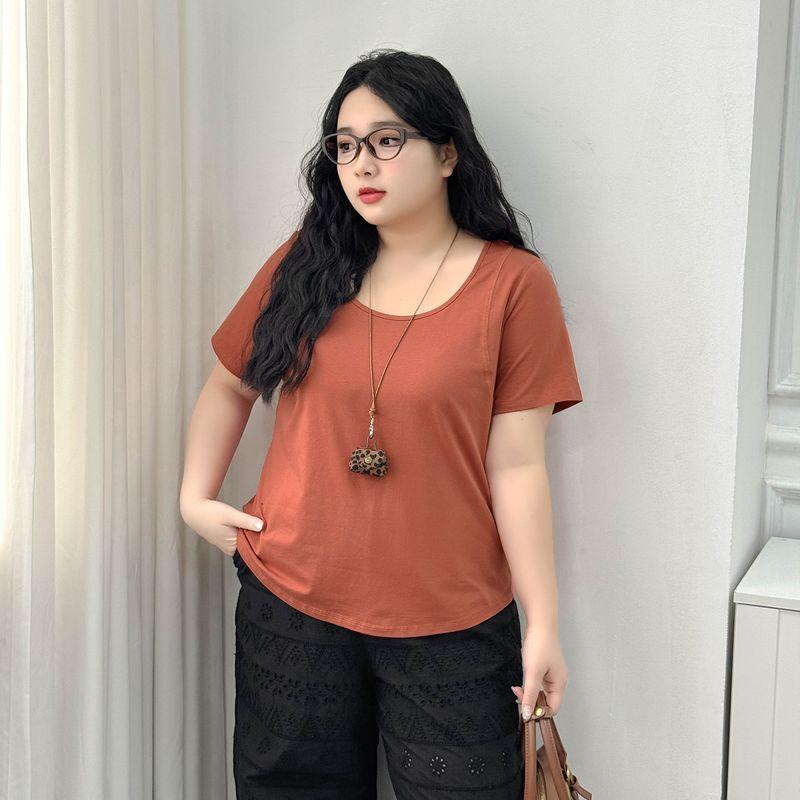 

Plus size women clothing [Skin-friendly Ice Porcelain T] Summer Short sleeve Loose Breathable Casual 100.00kg Belly Covering Slimming T-shirt