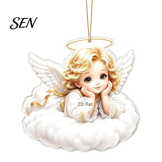 Festive Tree Ornament Christmas Angel Pendant with Lanyard, 2D Flat Acrylic Hanging for Holiday Gift Decoration, Cute Decor Party Car Window Stocking