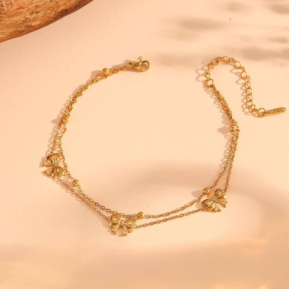 Chic Glossy Double-Layer Butterfly Necklace & Bracelet Set - Non-Fading Titanium Steel Jewelry.