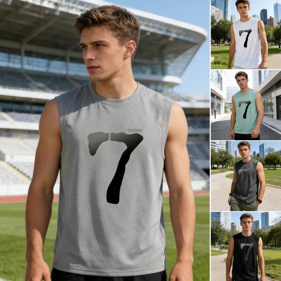 Męska kamizelka bez rękawów z okrągłym dekoltem, szybkoschnąca, siateczkowa, sportowa, z wzorem numer siedem, luźny krój, topy fitness, do noszenia na co dzień