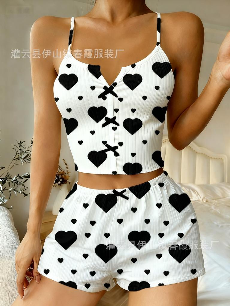 New love print suspender skirt pit striped sweet pure pajamas sexy bow loungewear Europe and America