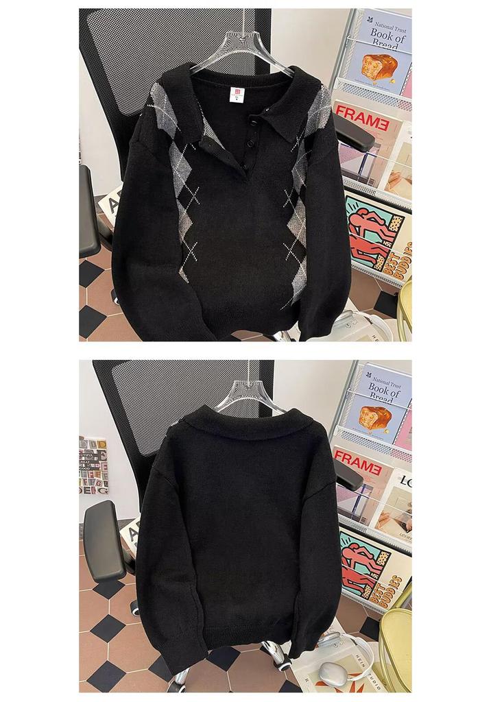 2025 British Classic Diamond Jacquard Color Block Knit Sweater