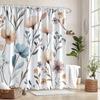 1 Pastel Floral Shower Curtain, Blue And Purple Watercolor Pattern With Elongated Leaves, With Hooks, Machine Washable Polyester