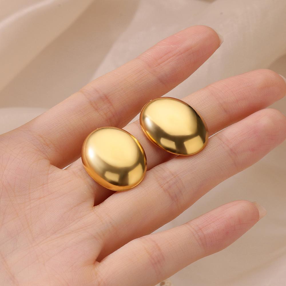 Bright Oval Egg Stainless Steel Earring for Women French Style Gold Color Stud Earring Wedding Anti Fading Jewelry Accessories