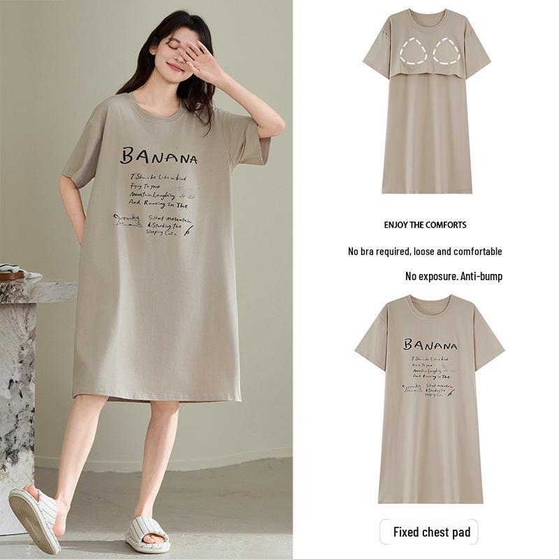 Antibacterial Xinjiang Cotton Nightgown: Women's A-grade Pure Cotton, Chest Pads, Summer Plus Size, Cute Homewear Dress