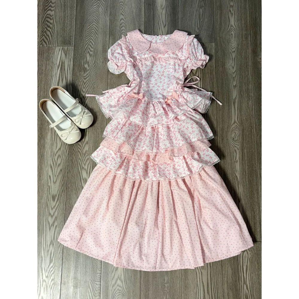 Retro Japanisches Süßes Rosa Puppenkragen Kurzarm Oberteil & Kuchenrock Set für Damen - Sommerkollektion