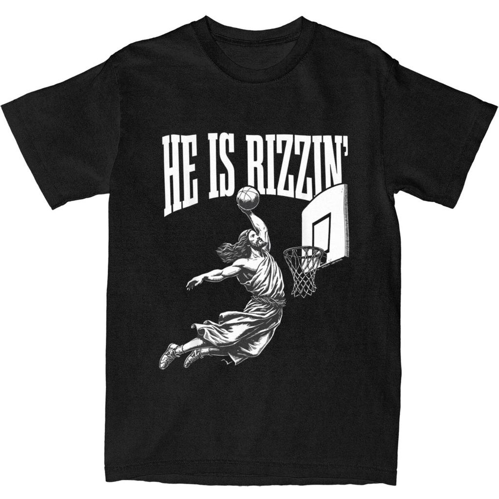 Summer Men Women He Is Rizzin Funny Jesus Basketball Meme T Shirts Easter Christ Faith 100% Cotton Tops T-shirt Tees