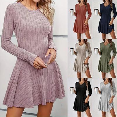 Women's Elegant Ribbed Knit Mini Dress V Neck Long Sleeve Slim Fit Flared A-Line Casual Daily Office Party Women's Short Dress
