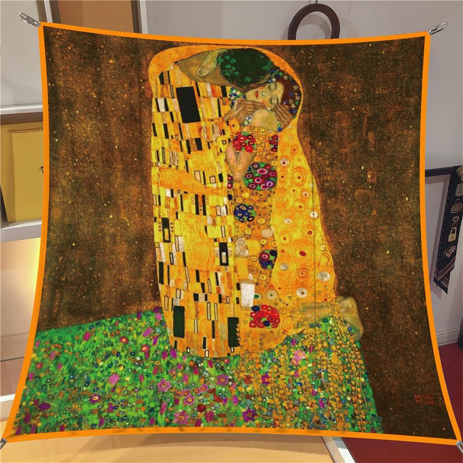 Silk Scarf Women Klimt Kiss Print Square Scarves Head Echarpes Silk Foulards Femme Wraps Beach Shawls Bandana Lady Hijabs 90CM