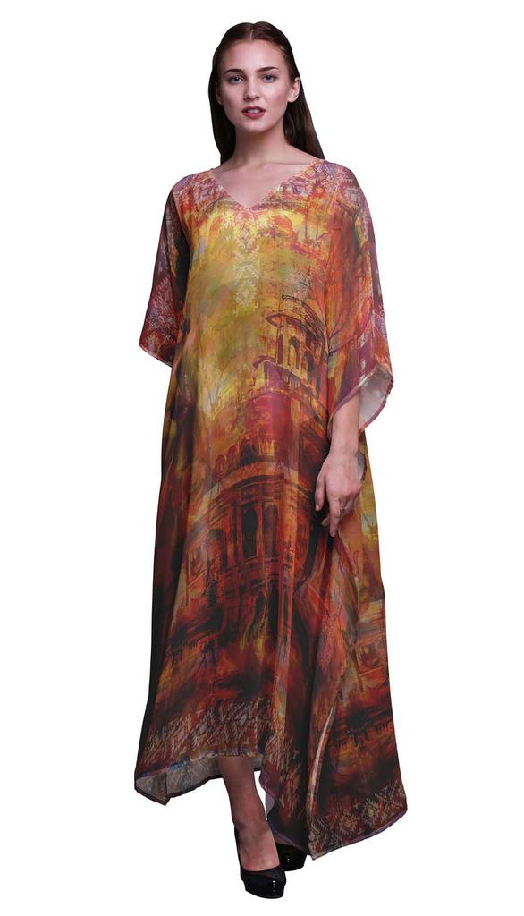 Phagun Mughal Monuments Long Caftan Maxi Dress Beach Swimwear Cover up Womens