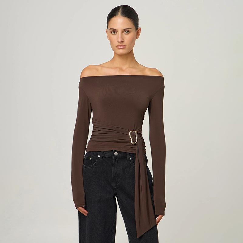 

Осенний топ-футболка с лентой и открытыми плечами для женщин, приталенный, с длинным рукавом, с металлическим кольцом, женский топ-футболка, облегающий, элегантный L коричневый