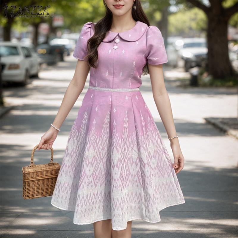 ZANZEA Women Summer Doll Collar Casual Short Sleeve Print Dress