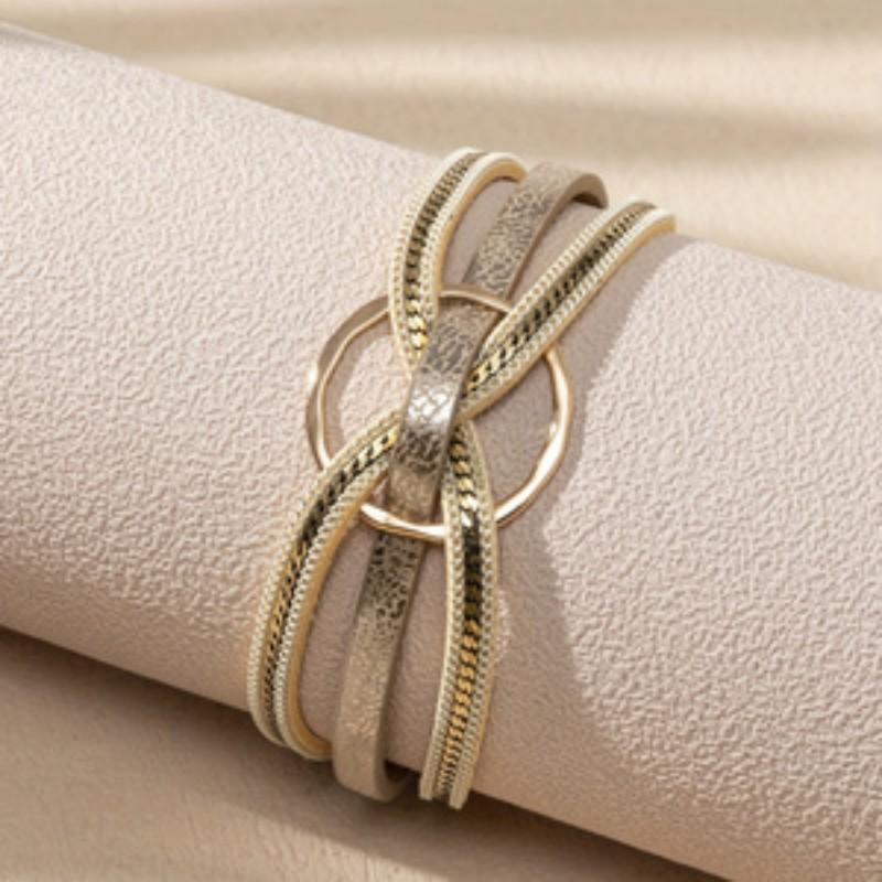 Multilayer Leather Wrap Bracelet Gold Accent Cuff Bangle Elegant Gift for Women Girls