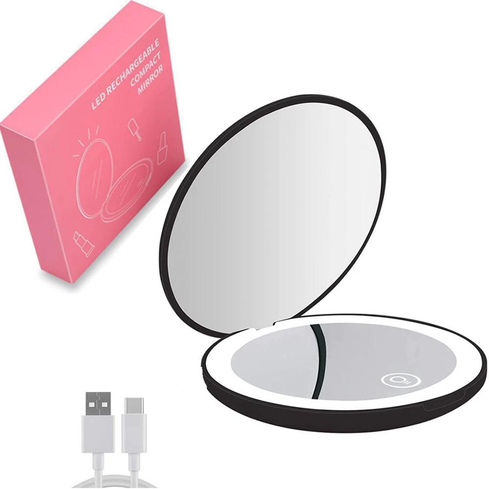 Mini přenosné skládací cestovní zrcátko LED lehké make-up zrcátko Kompaktní zrcátko 10X zvětšení 2stranné kulaté zrcátko pro krásu