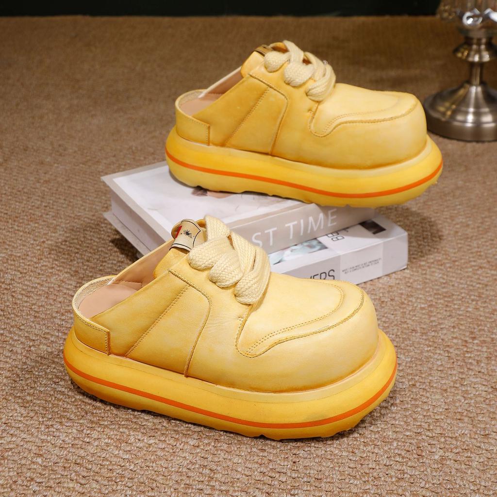 Johnature Damskie buty na grubej podeszwie ze skóry naturalnej, sznurowane, outdoorowe, z okrągłym noskiem, modne kapcie