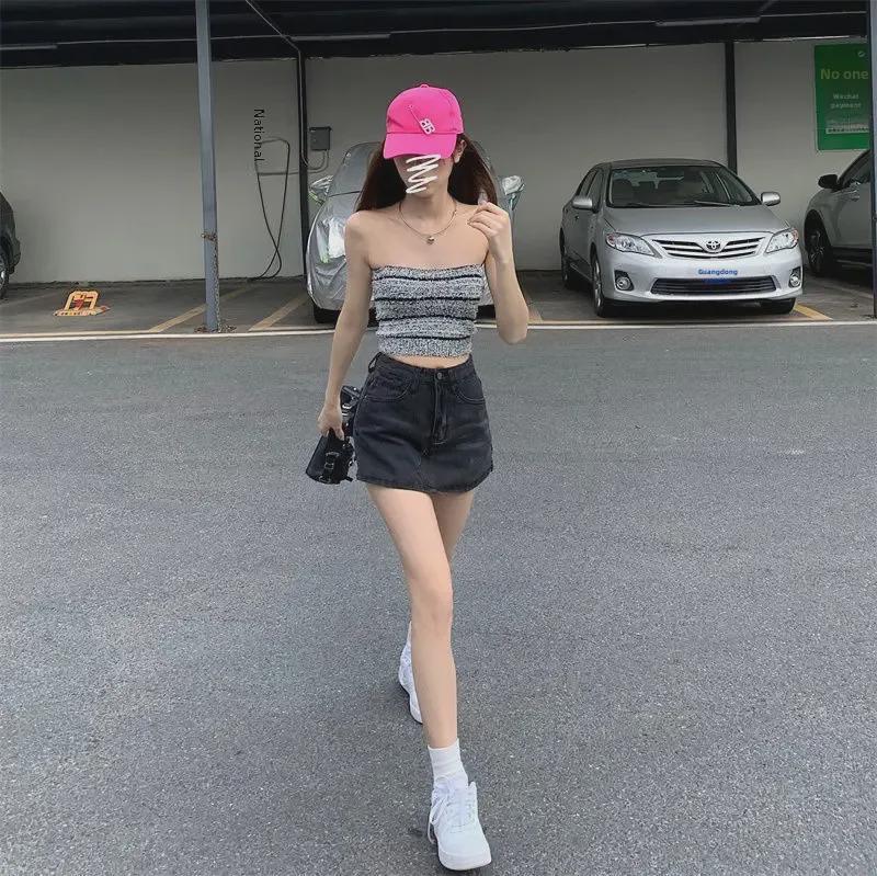 2025 Plus Size Spicy Retro A-line Denim Mini Skirt - High Waist Summer Skirt Pants for Women