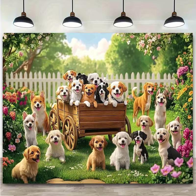 2D Garden Puppy Family Background Cloth Happy Dogs Party Decoration