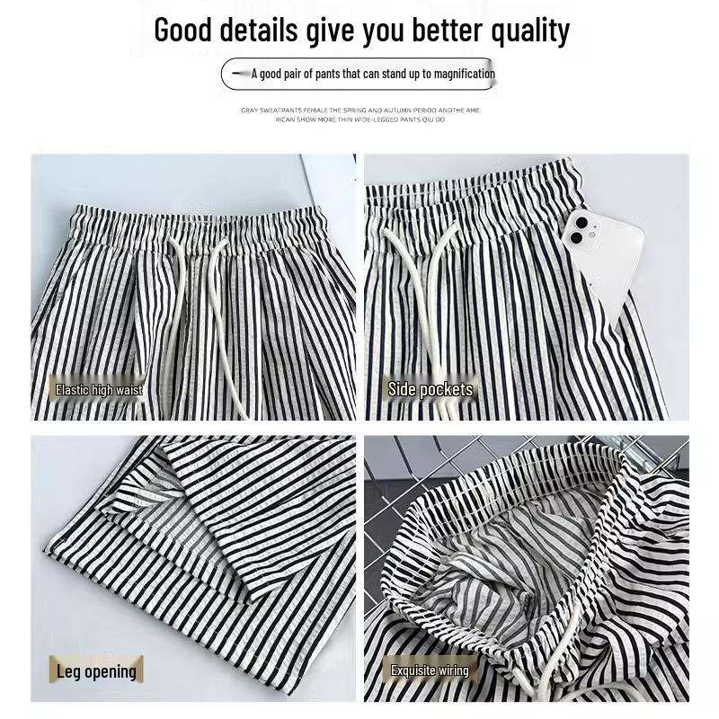 Petite High-Waisted Black & White Striped Wide-Leg Drawstring Pants
