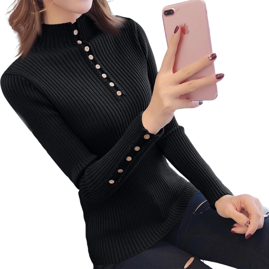 Women's Half-high Collar Base Layer Shirt Slim Button Sweater