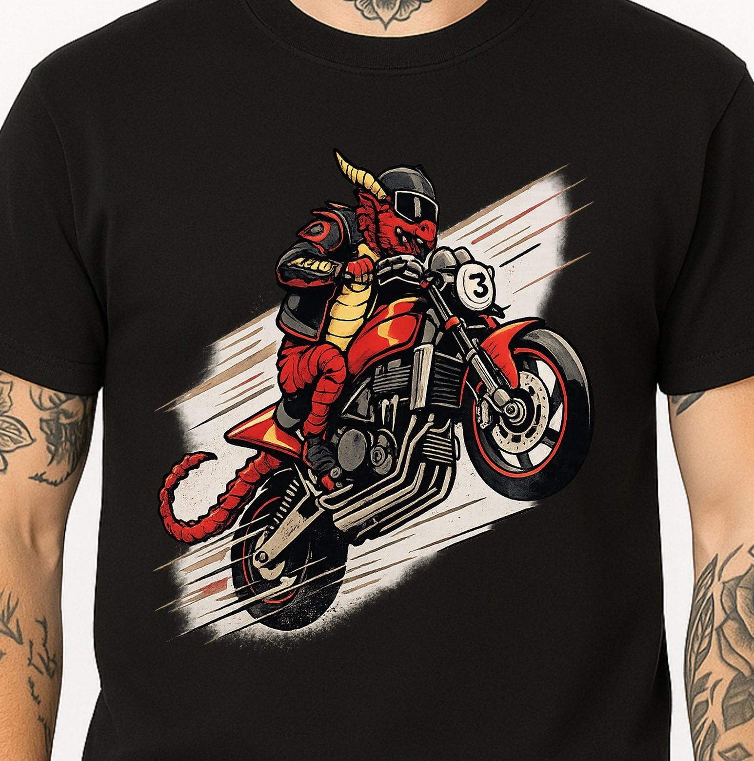 Dragon Biker Motorcycle Graphic Racer Cafe Speed Rider Fantasy Cartoon Tee. L