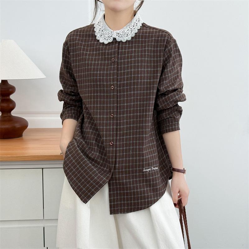 Plus Size Women's 2026 Spring Plaid Coat with Lace Collar Cardigan - Slimming Long Sleeve Shirt