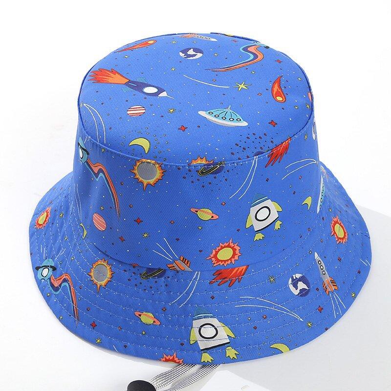 Kids Summer Sun Protection Cap Spaceship Planet Print Bucket Hat Wide Brim Fisherman Hats Boys Girls Outdoor Beach Basin Caps