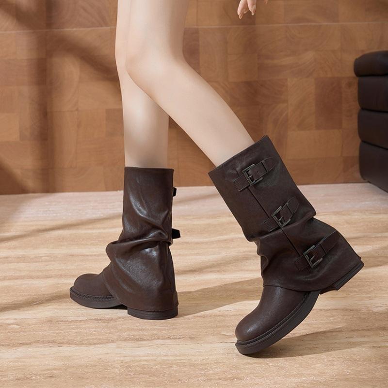 Han Shoe Inner Pile Boots Skinny Medium Boots Children's 2025 Autumn and Winter New British Style Retro Belt Buckle Western Boots