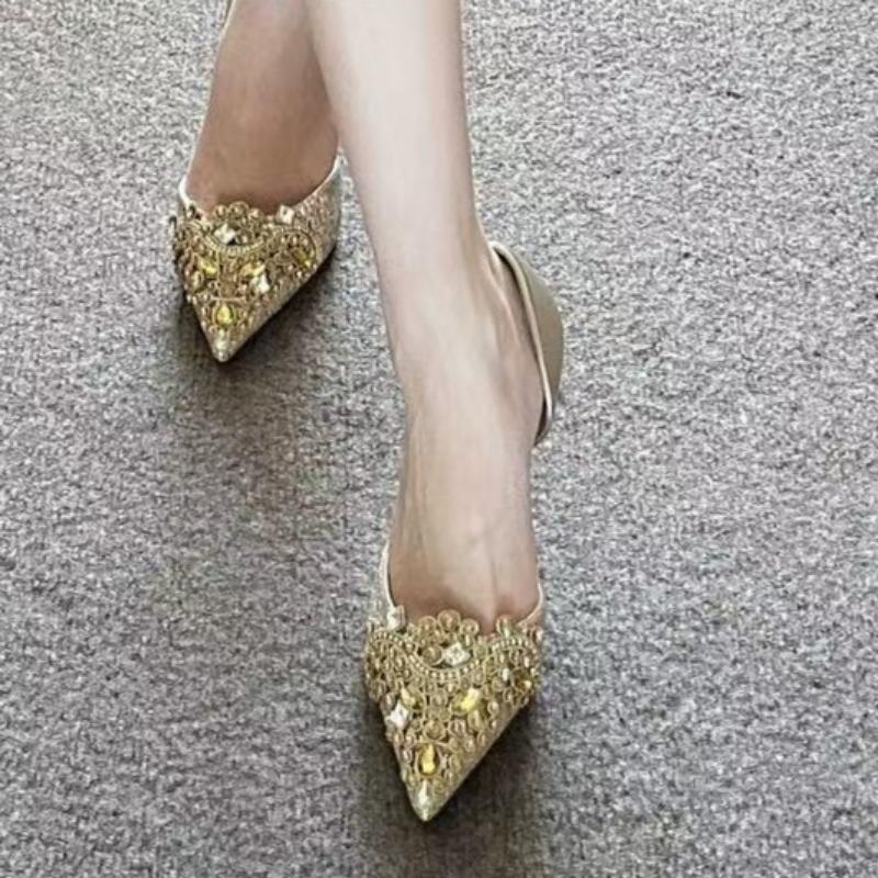 Fashion Thin Heel Shoes Spring New Style Pointed Head Shallow Mouth Crystal Set Foot Anti-slip Wear-resistant High Heels