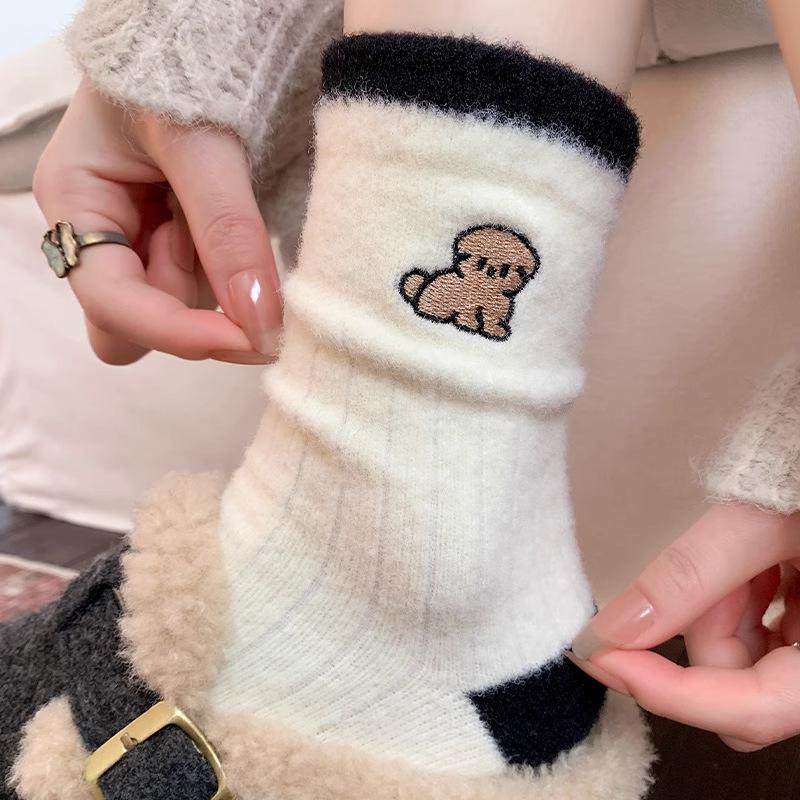 Cute Cartoon Puppy Plush Socks Women'S Autumn And Winter New Plush Thickened Medium Tube Socks Sleep Socks With German Training Shoes