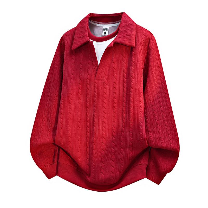 

Men s Japanese Style Versatile Fake Two-Piece Spliced Turn Down Collar Sweatshirt Spring Autumn Trendy Loose Casual Top Jacket L красный
