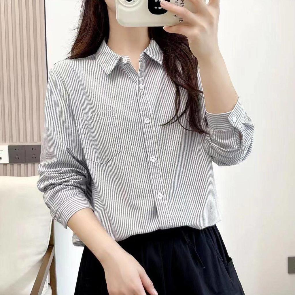 2026 Women's Spring/Autumn College Style White Oxford Shirt with Vertical Stripes – Long Sleeve, Artistic Fresh Trend