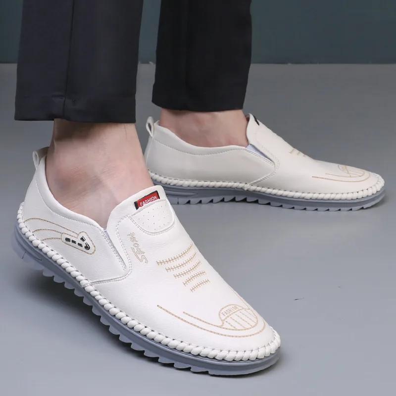 Fashion New Men's Casual Shoes Hollow Breathable Loafers Slip-on Sandals for Men PU Leather Breathable Shoes White Male Work Shoes