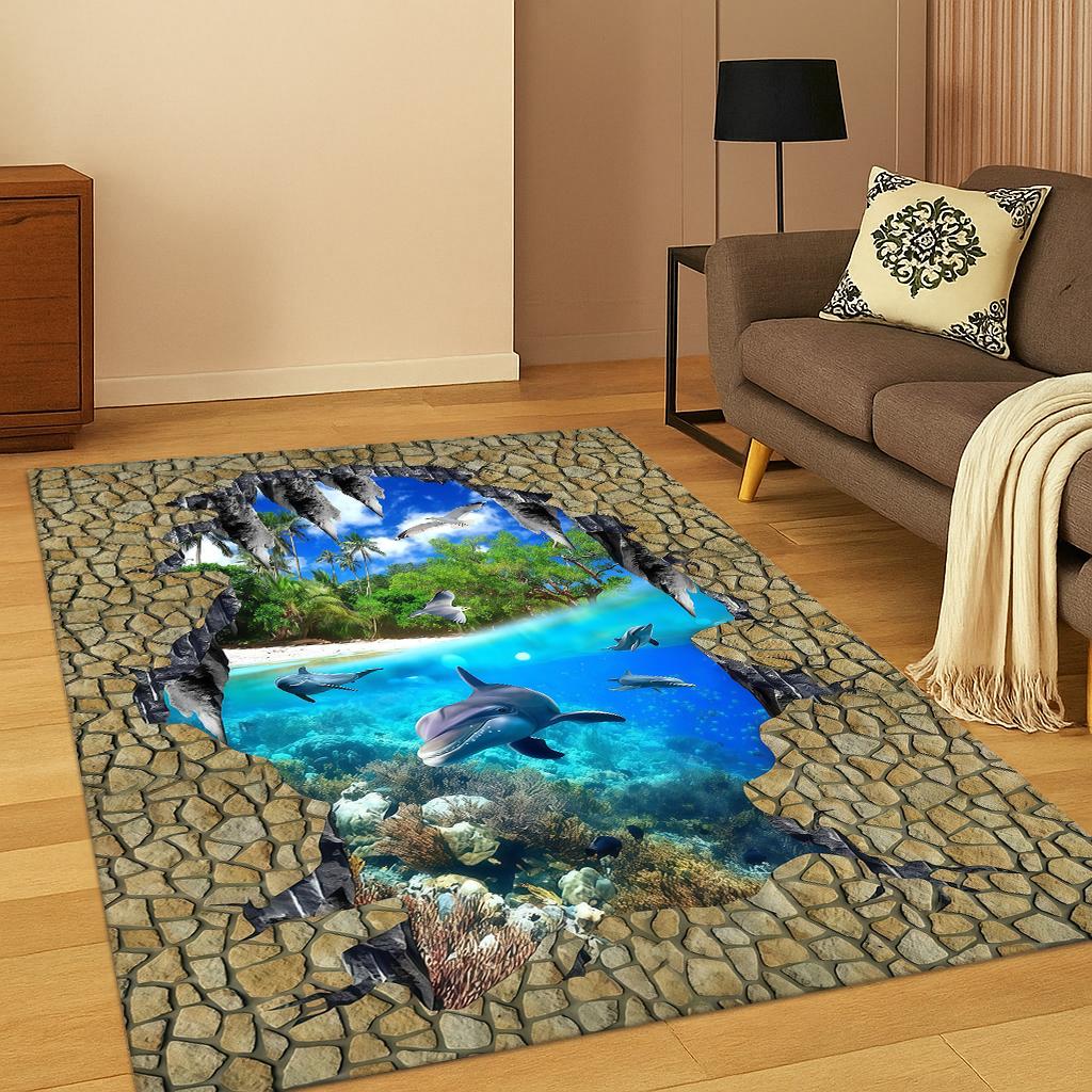 3D Underwater World Illusion Carpet Rug for Home Bedroom Living Room Sofa Doormat Kitchen Decor,Kid Game Non-slip Area Rug Mat