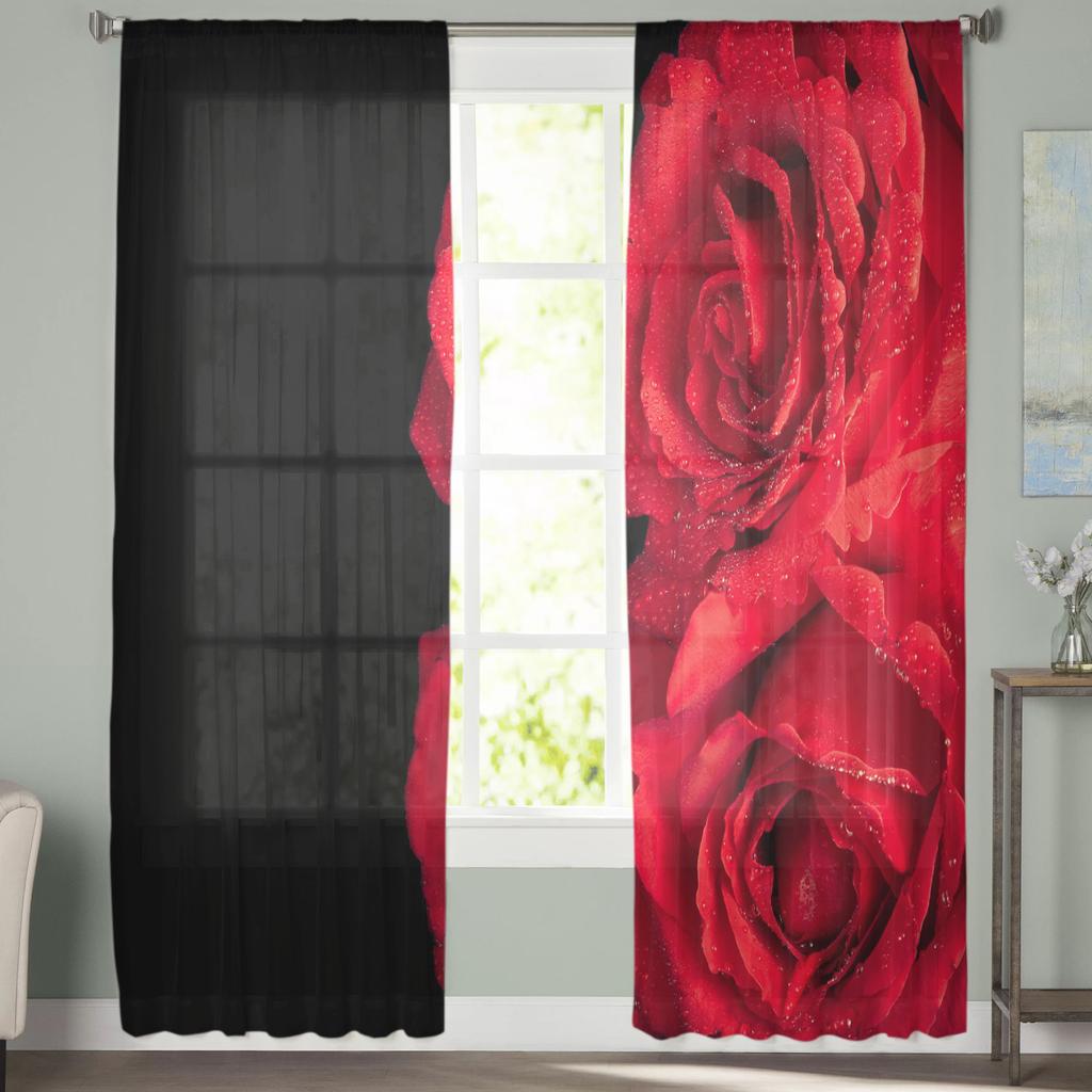 Red Rose Flower Black Tulle Curtains For Living Room Print Sheer Voile Curtain Bedroom Window Screening Drapes Blinds Home Decor