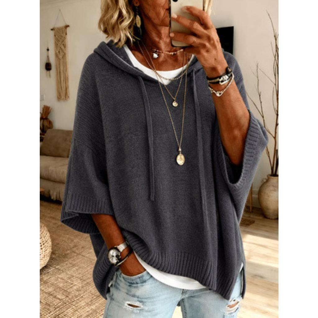 Women's Casual Hooded Sweatshirt, Bat Sleeve Knitted Sweater, Warm Sweater, Knitted Hooded Drawstring Sweater, Knitted Loose Fitting Outerwear