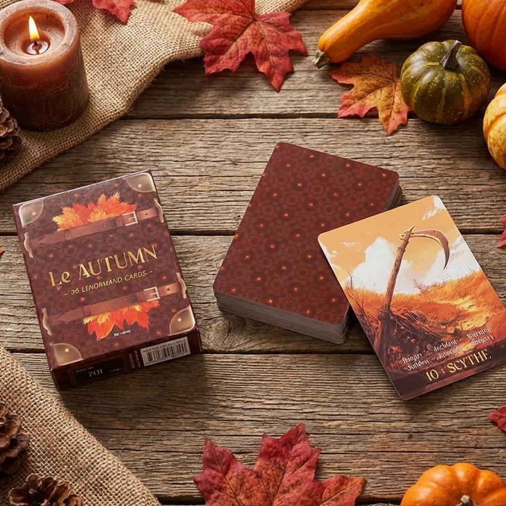 Karty Le Autumn Lenormand 9*6cm 36karetní orákulum pro věštění, předpovídání budoucnosti & duchovní růst oranžová