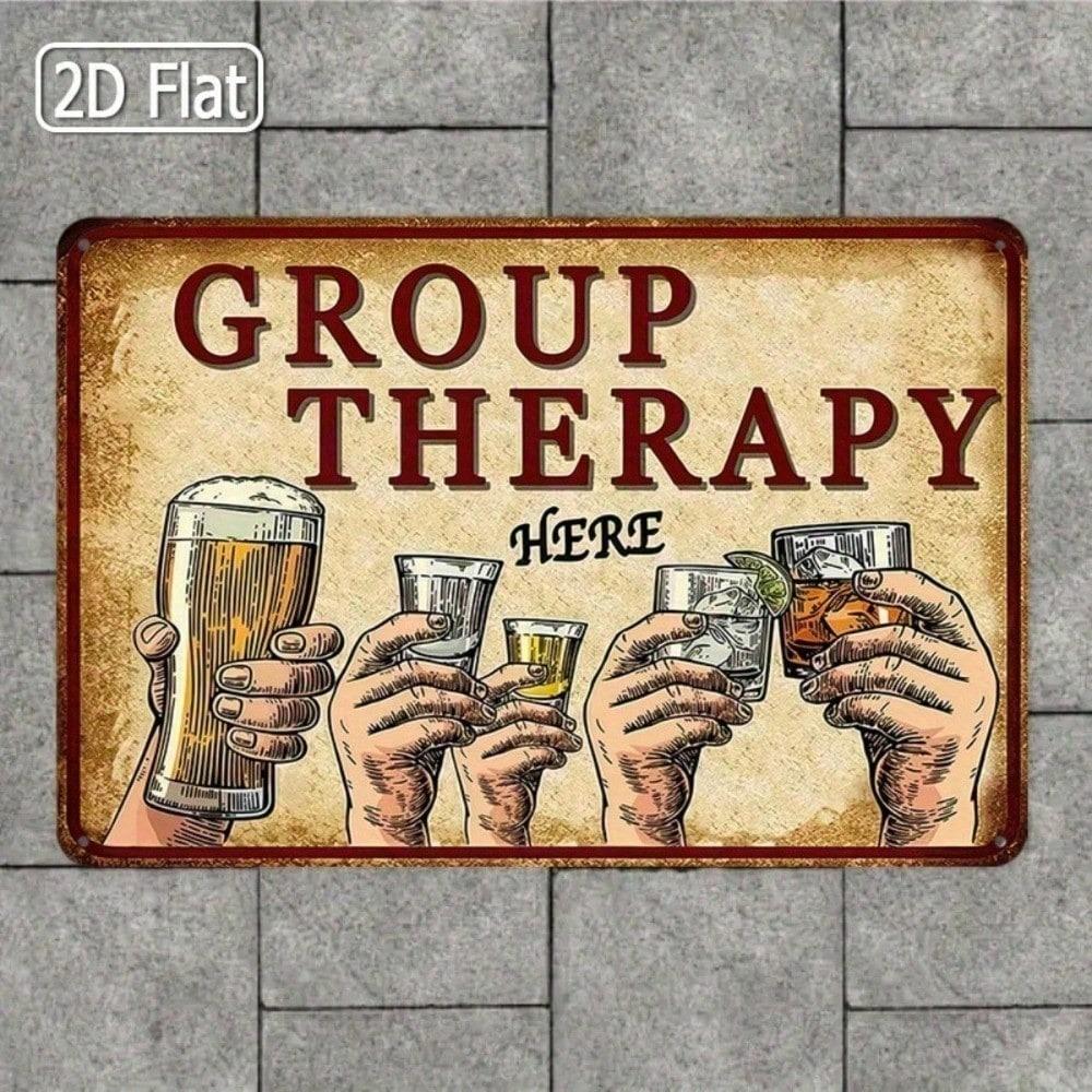 1PC Vintage Group Therapy Tin Sign, Funny Retro Bar Wall Art with Raised Glasses, Humorous Metal Plaque for Man Cave