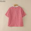 ZANZEA Women Plaid Print Casual Round Neck Loose Short Sleeve Blouse