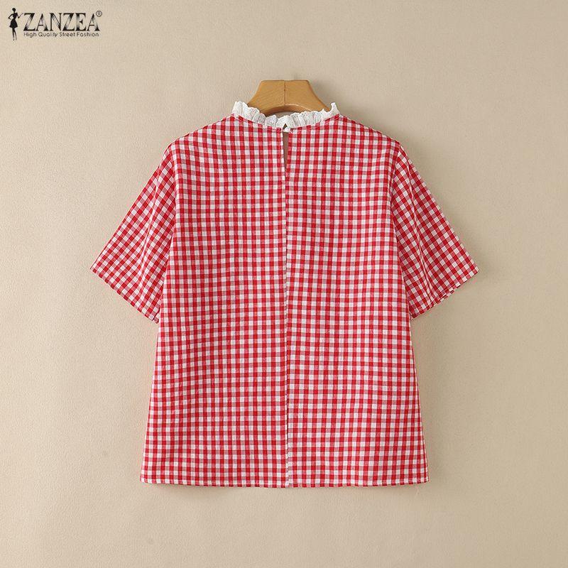 ZANZEA Women Plaid Print Casual Round Neck Loose Short Sleeve Blouse