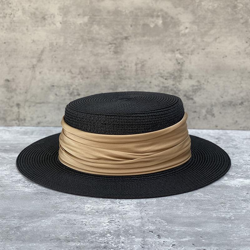 

Temperament Celebrity Flat Top Straw Hat Japanese Simple Top Hat Women S Summer British Retro Seaside Holiday Sunscreen Sun Hat M（56-58cm）