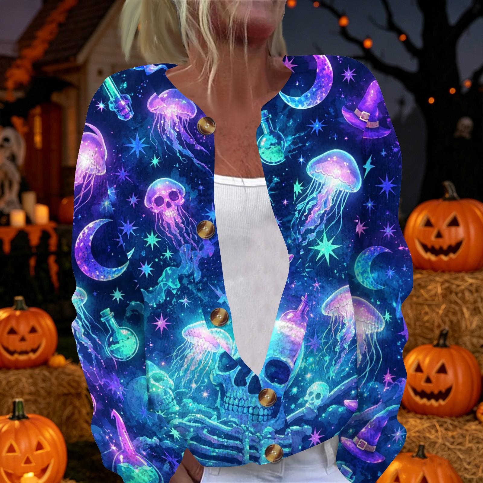 Women s Halloween Print Long Sleeve Button Front Knit Cardigan L