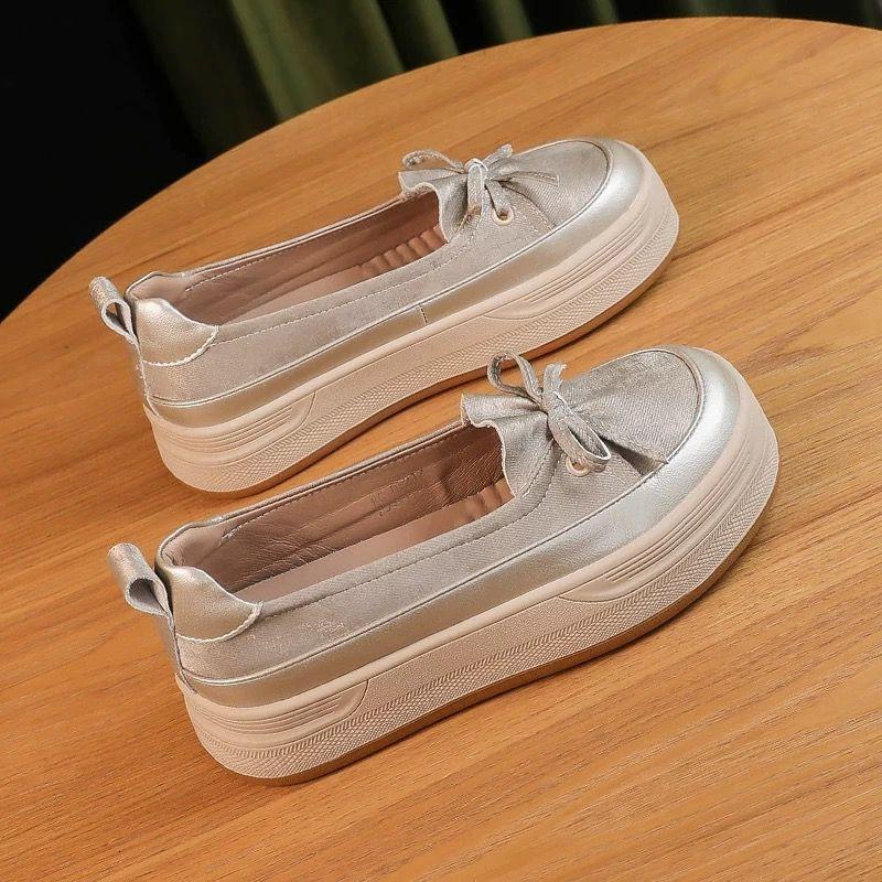 Móda 2024 Jarní a podzimní nová módní kožená obuv s kulatou mašlí a barevnými bloky na obličej, silná podrážka, pohodlné jednoduché boty pro ženy