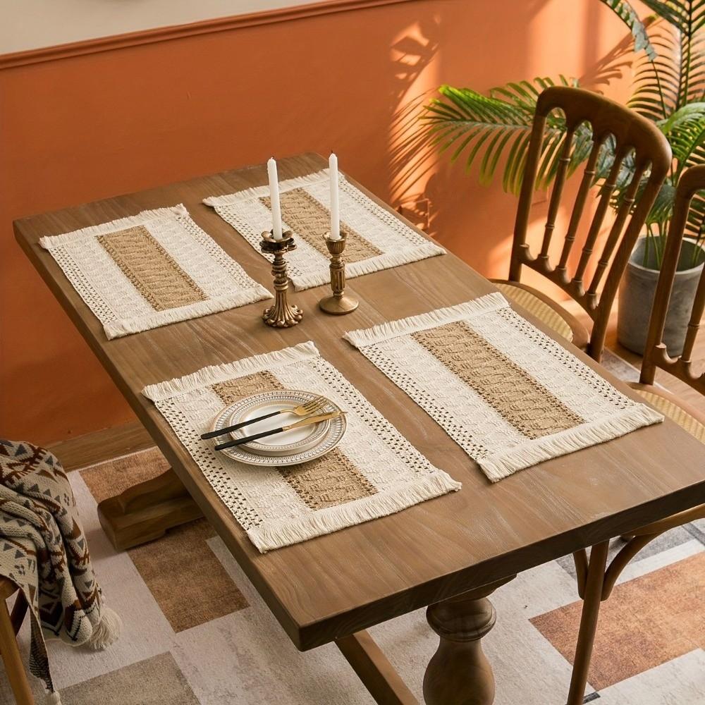 4pcs with Tassel Boho Burlap Placemats Non Slip Linen Braided Place Mats Wedding Party