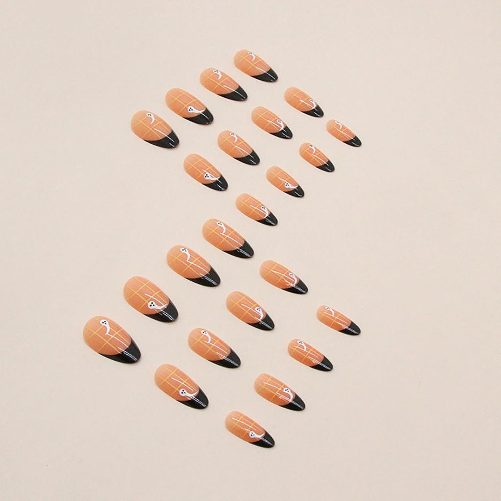 Black Round Tip Decor Almond False Manicure Lightweight and Easy to Stick Fake Nail for Daily and Parties Wearing