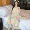 Linglei Summer Printed Lace Bow Mesh Court Princess Style Long Nightdress Pajamas Loungewear Women
