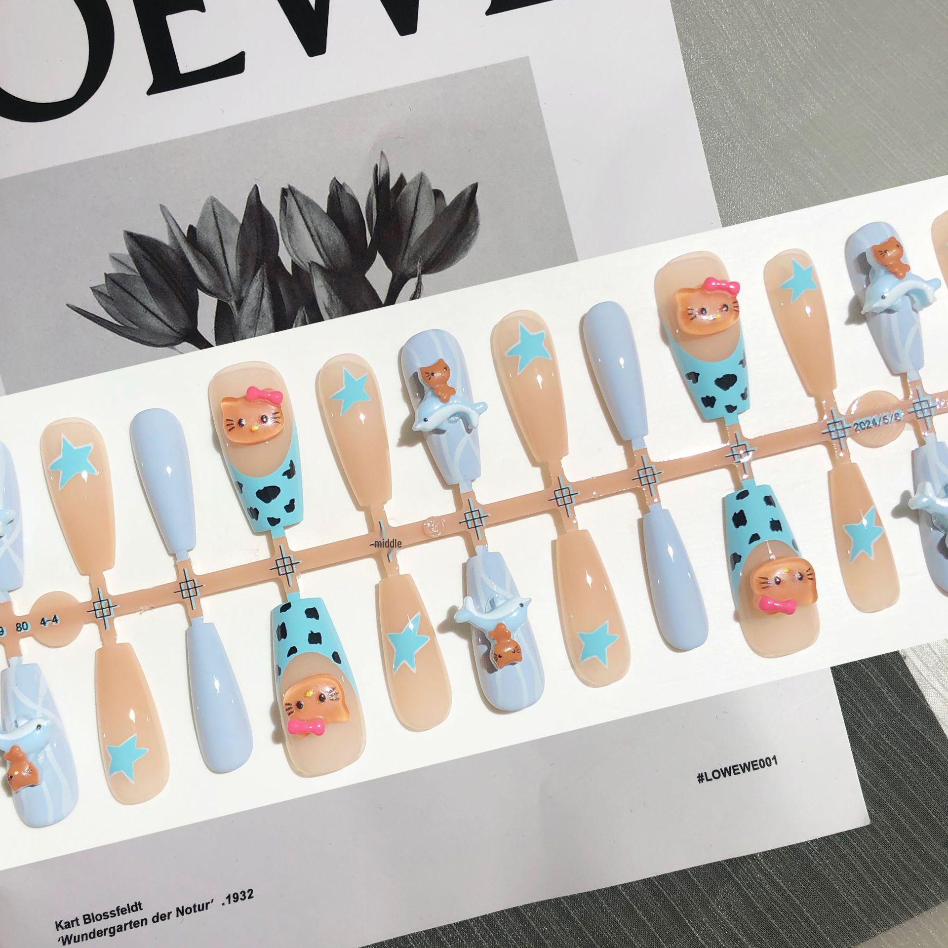 

Синий дельфин Черная кошка Накладные ногти - Милый Y2K Французский леопардовый принт Нейл-арт