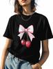 T Shirts for Women Graphic Tees Pink Crew Neck Short Sleeve Shirts for Women Bow Cherry Casual T-Shirt