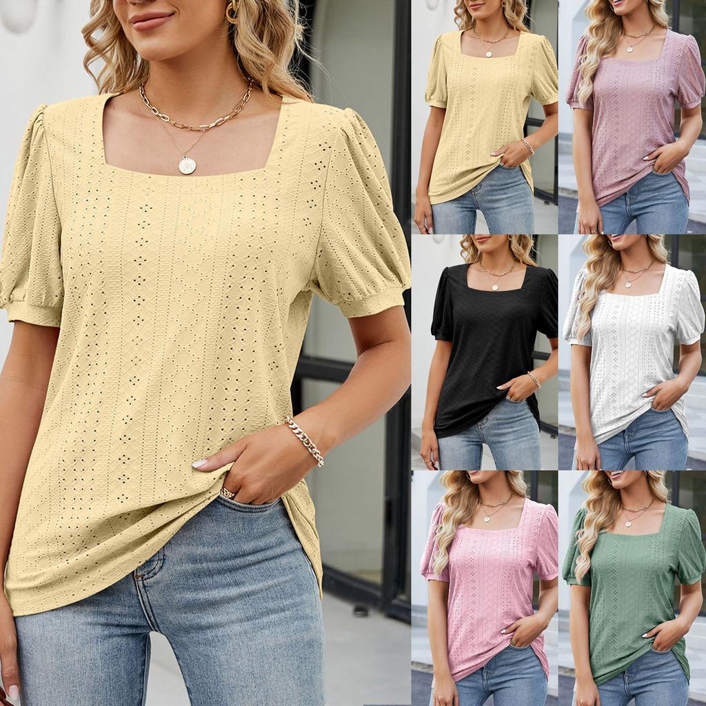 Women's Fashion Spring Summer Casual Square Collar Color Hollow Puff Sleeves Loose T-Shirt Tops