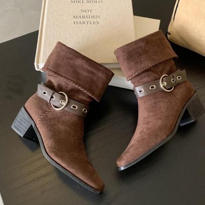 Damen Retro Wildleder Klobiger Absatz Kniehohe Cowboy Stiefel für Herbst/Winter 2025