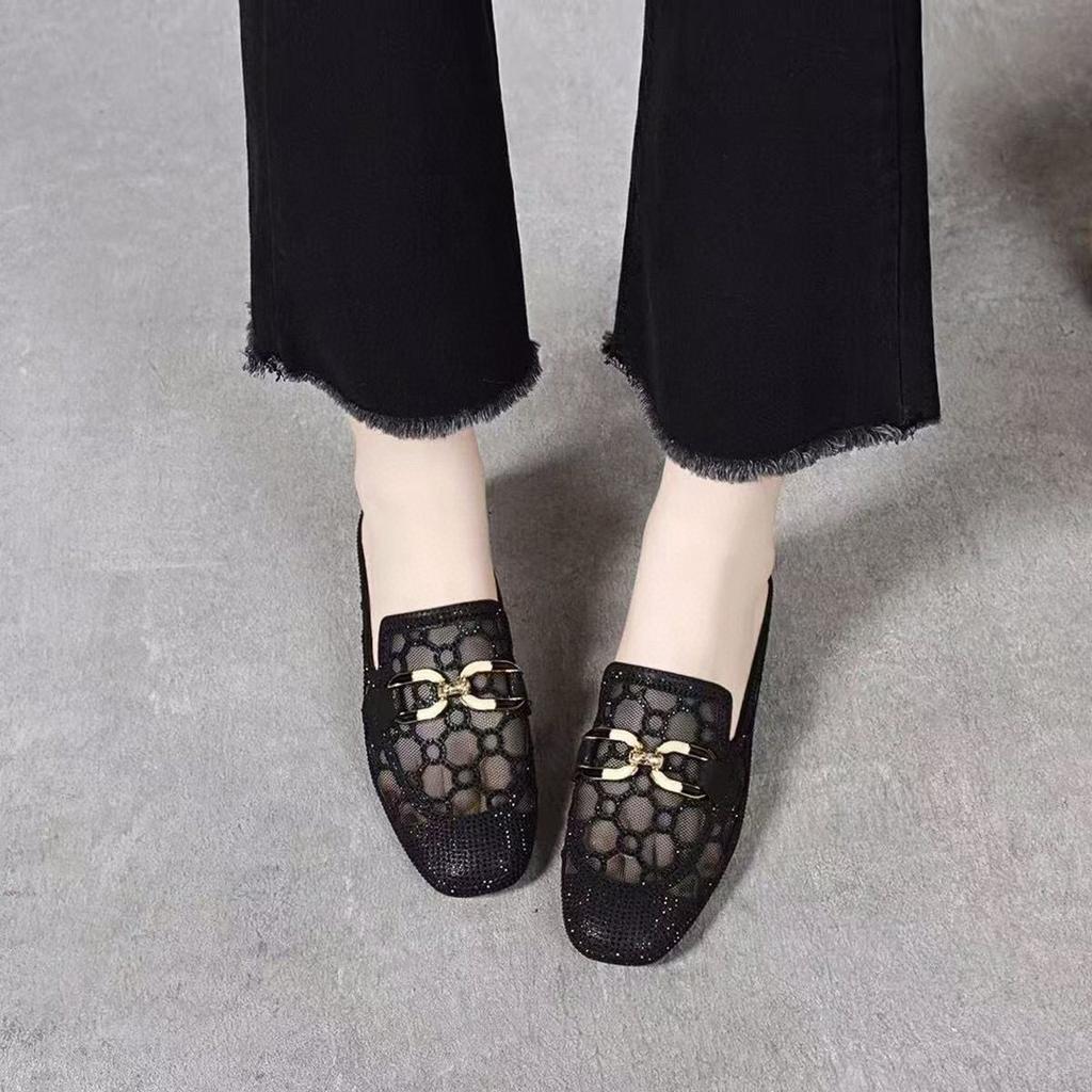 Baotou sandaler dam ytterkläder sommar nya mesh hot diamond andningsbara lata tofflor platt sula låg klack damhalvtofflor